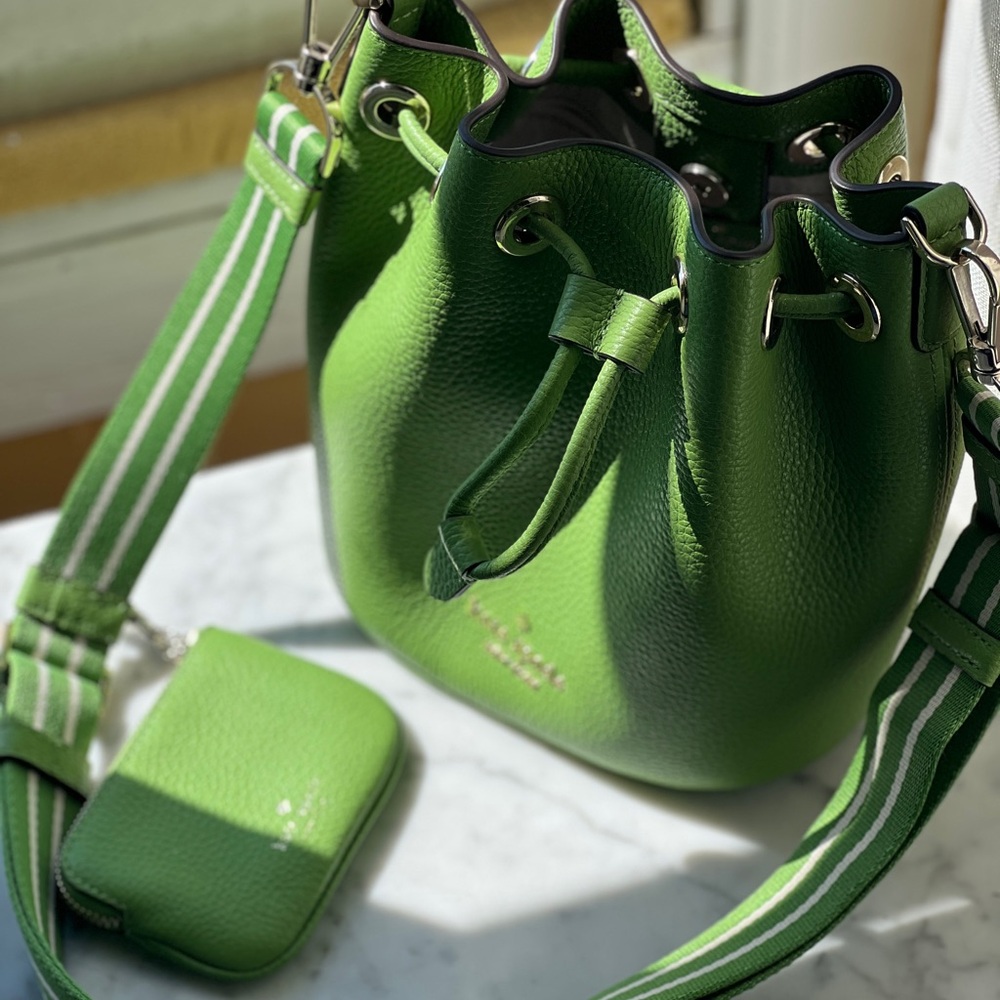 Kate Spade Green Leather Bucket Bag with Attached Wallet